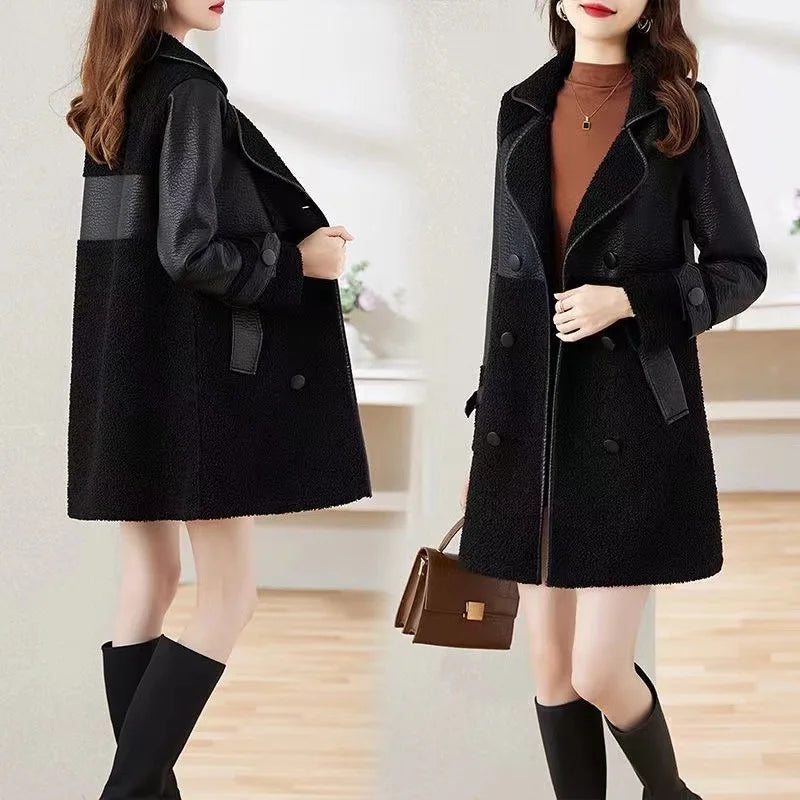 KTX-405907 Woman Leather Jacket Winter Mid to Long Length Fur Integrated With Plush Thickened Collar Wind Breaker Jacket