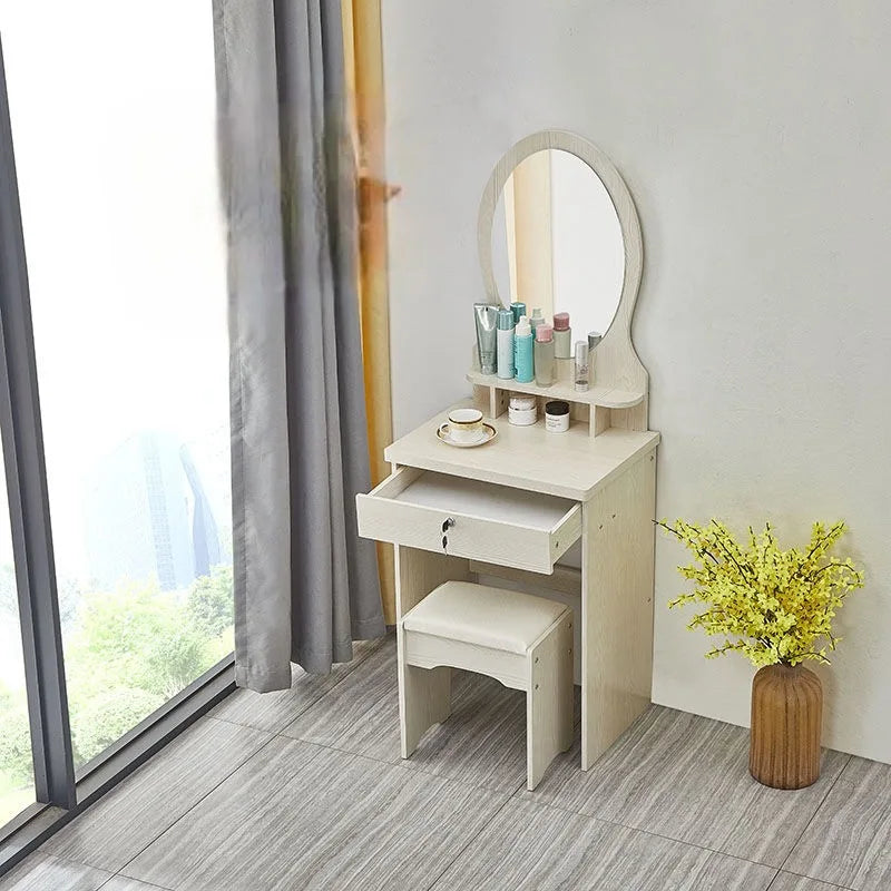 KTX-432403 Wooden Makeup Desk Vanity Set with Cushioned Stool and Round Mirror