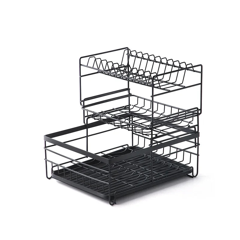 KTX-483155 2-Tier Large Black Steel Dish Rack with Utensil and Cutting Board Holders