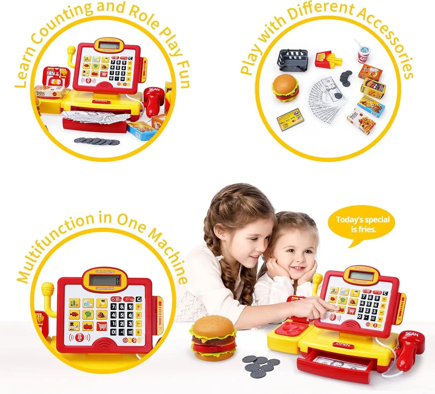 HKM-540563 Toy Cash Register for Kids - EPT Play Money Machine for Supermarket Role-Playing - Age 2 to 13 Years