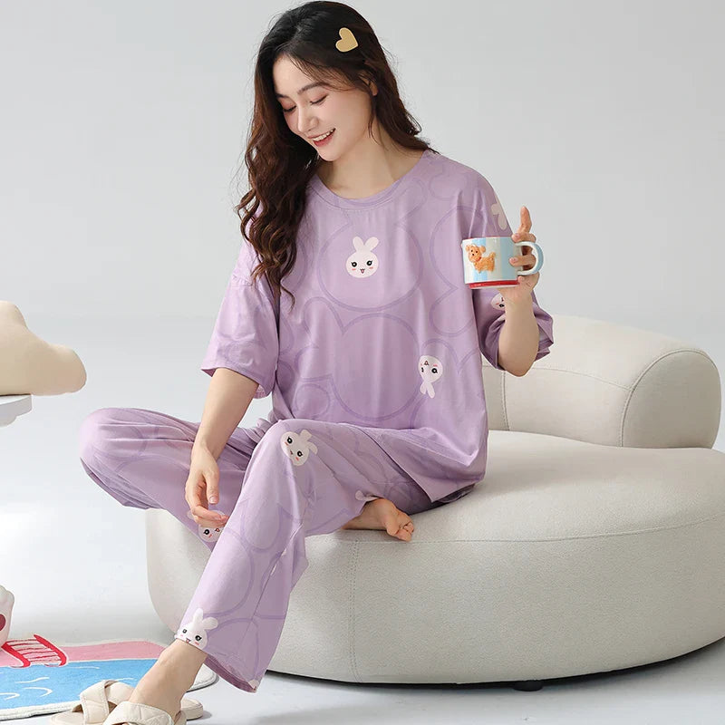 HKM-837651 Cartoon Printing Leisure Style Round Neck Female Short Sleeves Long Pants Cotton Pajamas for Women