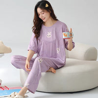 HKM-837651 Cartoon Printing Leisure Style Round Neck Female Short Sleeves Long Pants Cotton Pajamas for Women