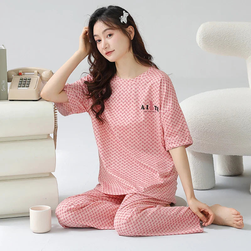 KTX-001491 Heart Shape Print Cotton Pajamas Two-piece Suit Summer Short-sleeved Long Pants Plus Size Home Service Set