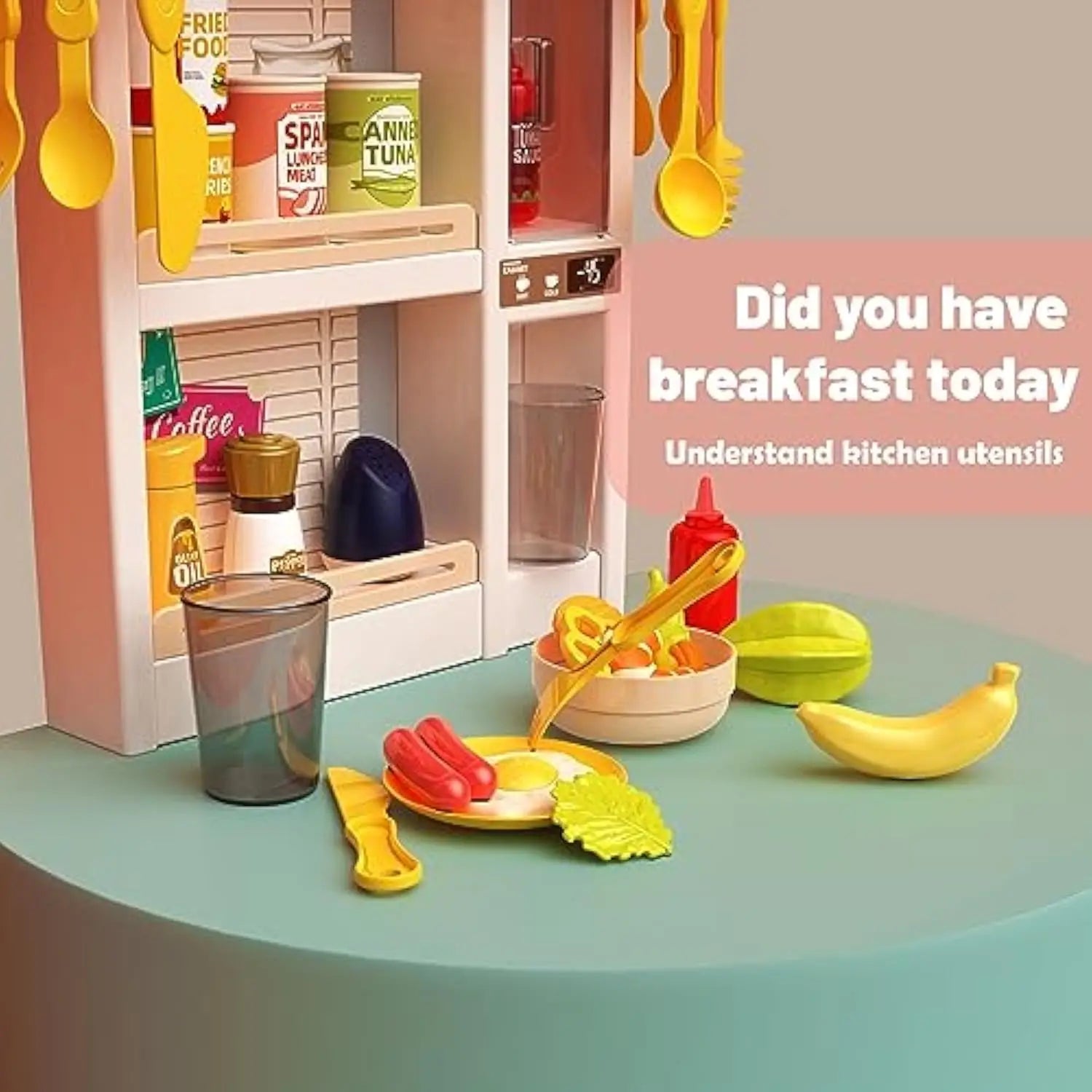 KTX-358611 Kids Kitchen Play Set - 50PCS Cooking Toys with Sounds, Lights, and Spray for Ages 2 to 13