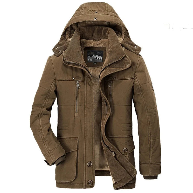 HKM-390099 Men's Jacket Medium and Long Styles Adding Velvet and Thickening Middle Aged and Elderly Multi Pocket Cotton Jacket Men's Coats