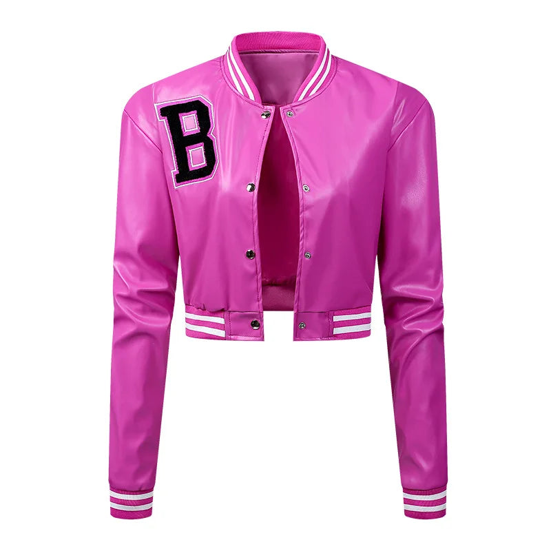 HKM-110995 Women's High-Waisted Cardigan Leather Jacket Slim Fit Baseball Style Custom Logo Embroidery Decoration Sporty Motorcycle Suit