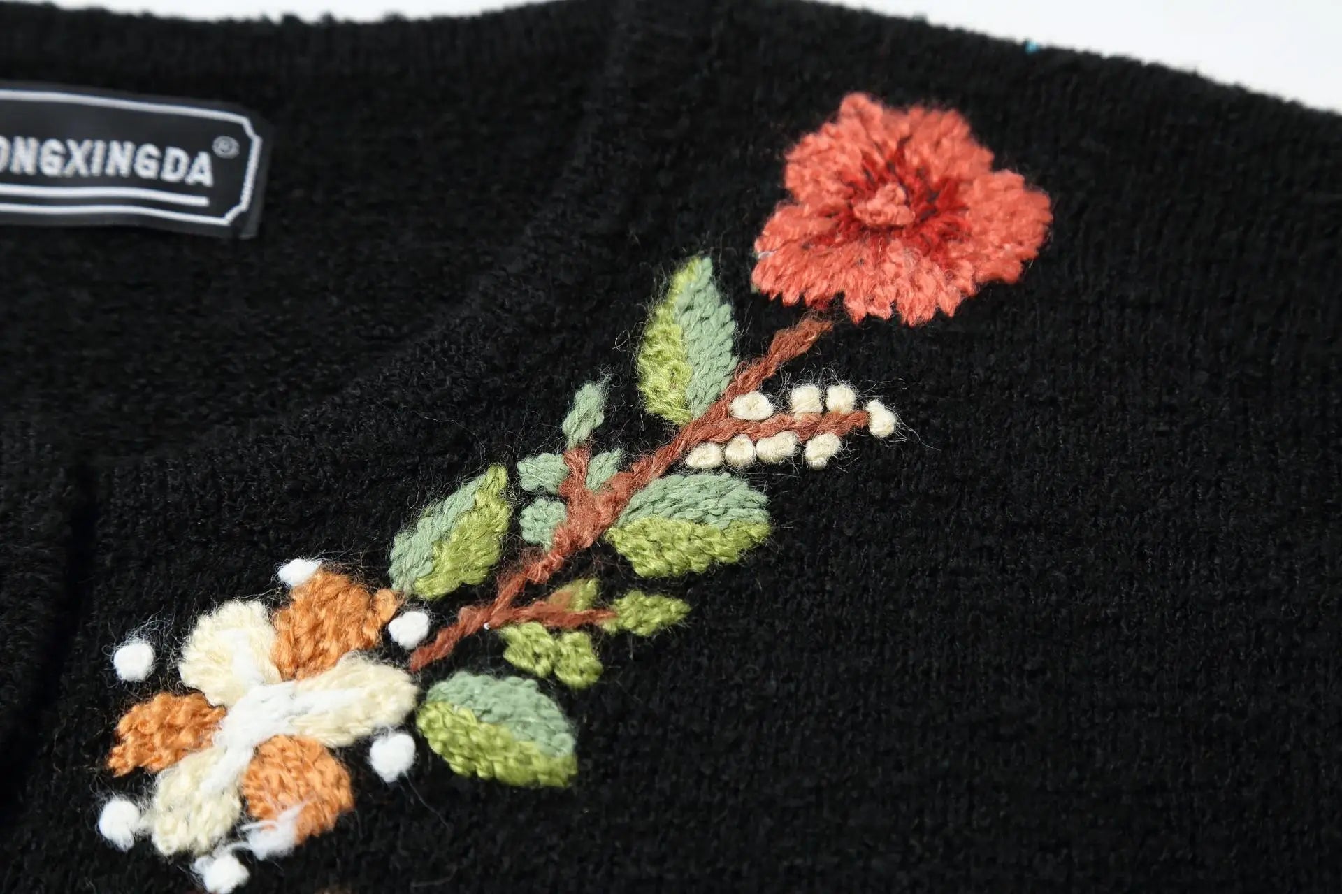 KTX-307603 Handmade Mauhair Women's Long Sleeve Crew Neck Embroidered Knitted Cardigan Retro Antique Floral Casual Winter Button Plus Front