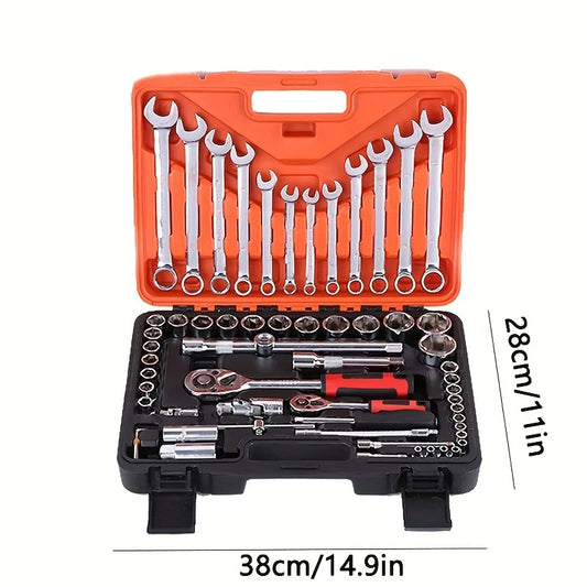 KTX-149011 61-Piece Chrome Vanadium Steel Manual Tool Kit for Automotive Repairs with Ratchet Socket Wrench Set
