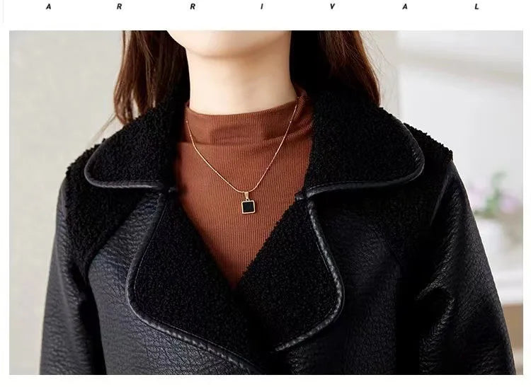 KTX-405907 Woman Leather Jacket Winter Mid to Long Length Fur Integrated With Plush Thickened Collar Wind Breaker Jacket