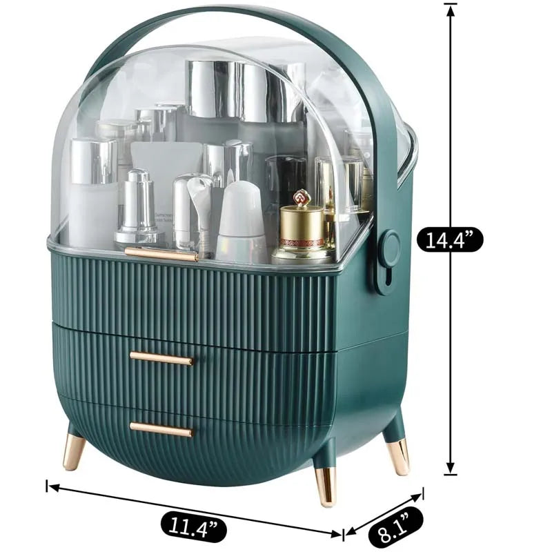 KTX-548691 360° Rotating Makeup Organizer with Lid and 2 Drawers – Space-Saving Skincare Storage Solution