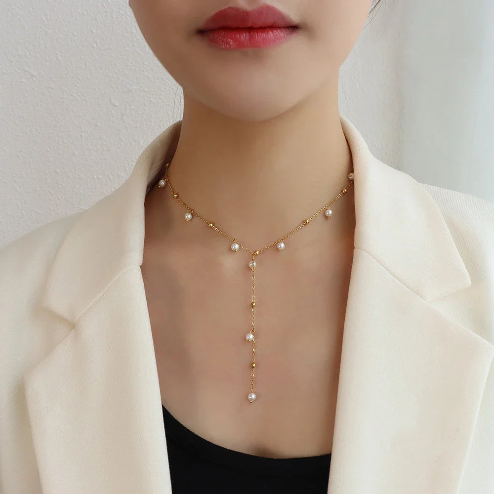 HKM-854611 Exquisite 18K Gold Plated Imitation Pearl Satellite Dainty Chain Tassel Necklace Stainless Steel Jewelry