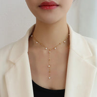 HKM-854611 Exquisite 18K Gold Plated Imitation Pearl Satellite Dainty Chain Tassel Necklace Stainless Steel Jewelry