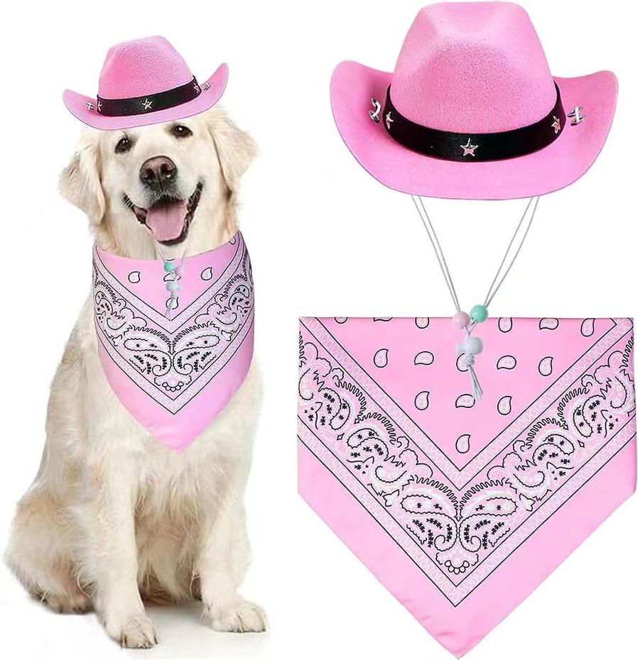 HKM-000019 Cat Cowboy Hat and Bandana Set for Pets - Funny Western Costume for Cats and Kittens - Ideal for Halloween and Themed Parties