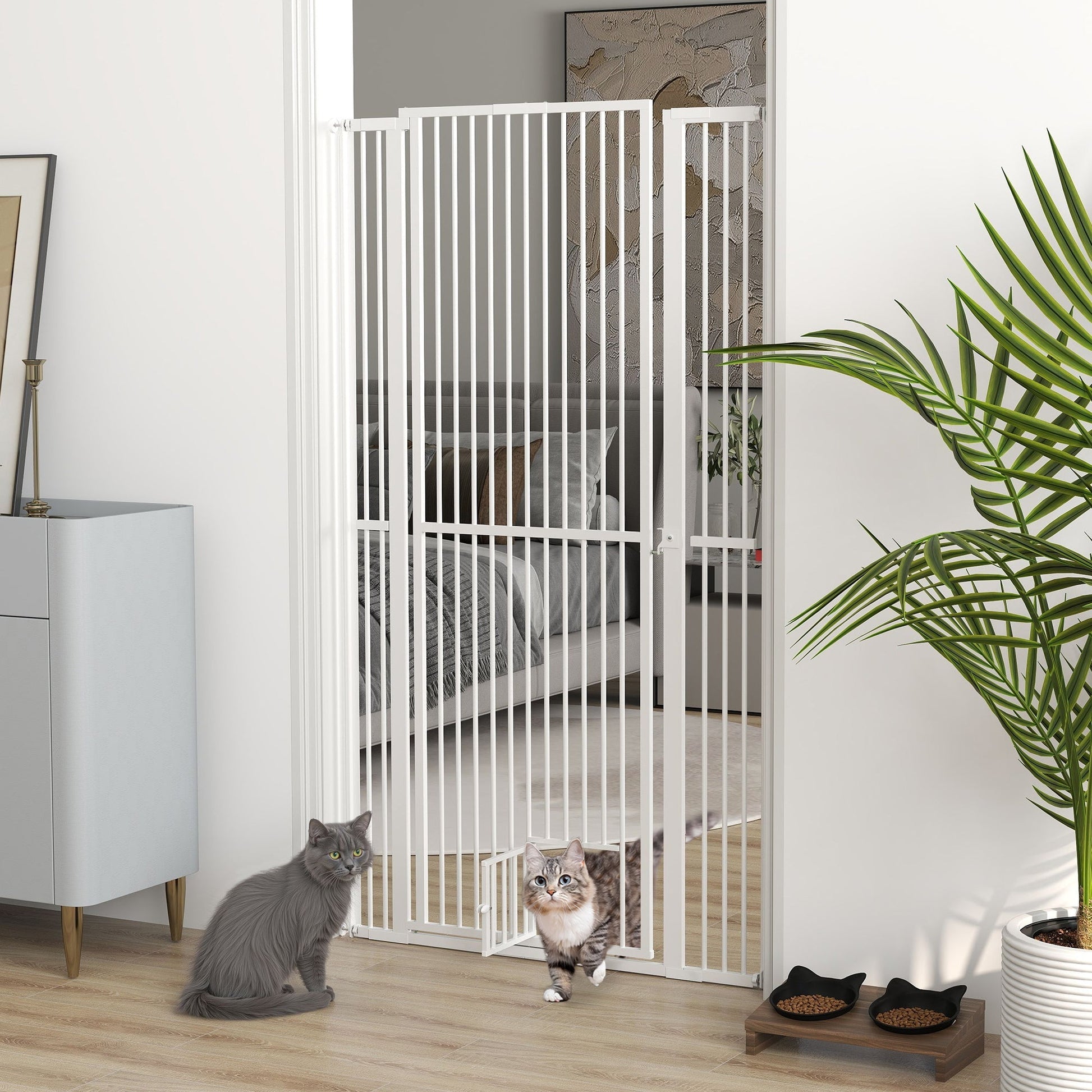 HKM-0006461 67" Extra Tall Pet Gate with Cat Door, 30"-41" Width, 1.4" Bar Spacing, Extensions Included, Durable Steel Construction