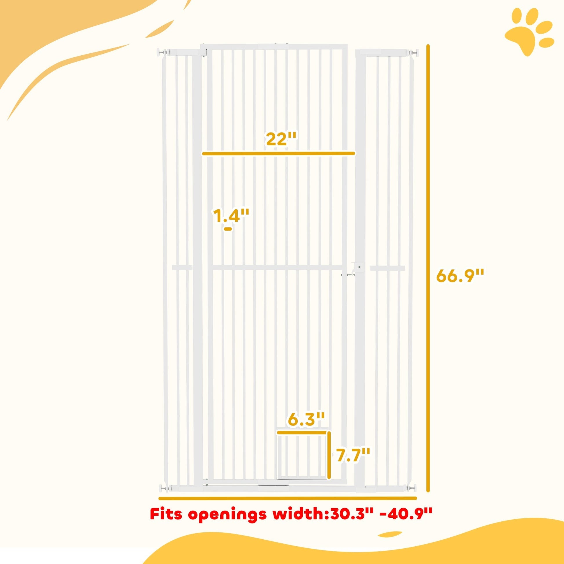 HKM-0006461 67" Extra Tall Pet Gate with Cat Door, 30"-41" Width, 1.4" Bar Spacing, Extensions Included, Durable Steel Construction