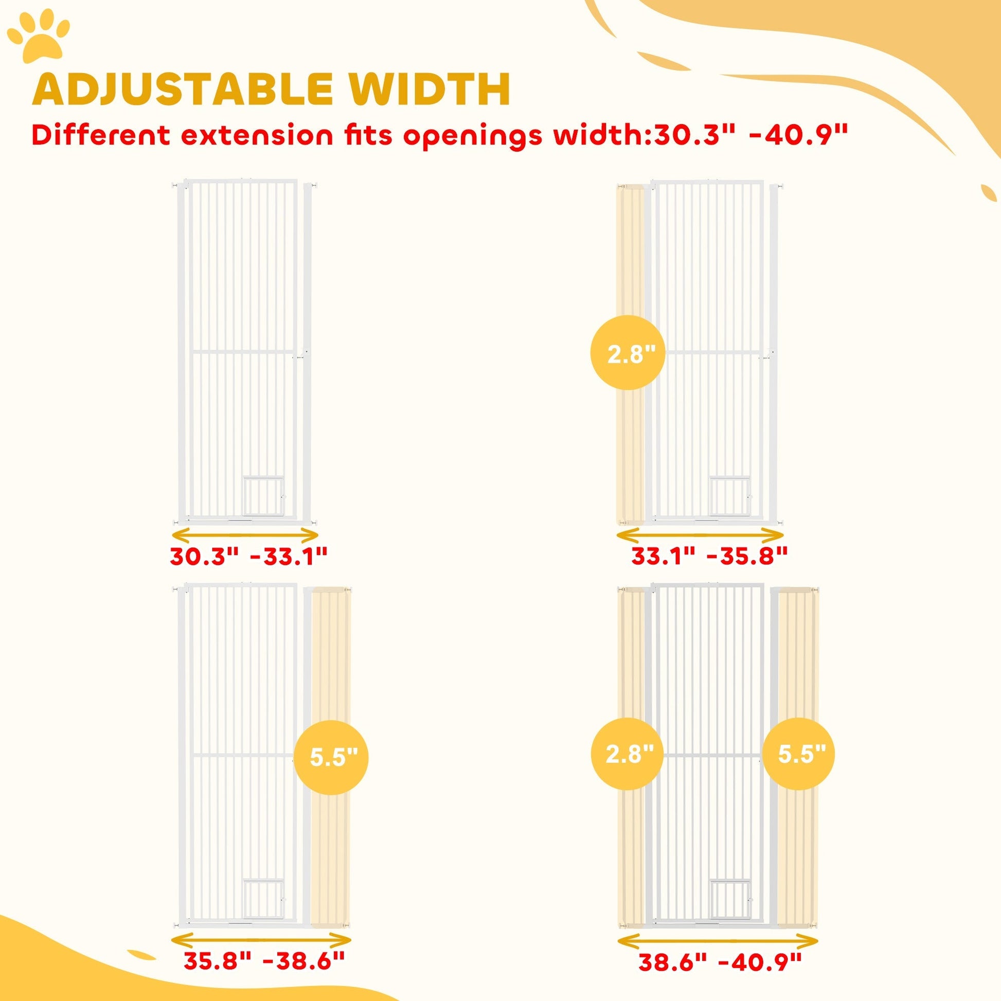 HKM-0006461 67" Extra Tall Pet Gate with Cat Door, 30"-41" Width, 1.4" Bar Spacing, Extensions Included, Durable Steel Construction