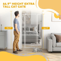 HKM-0006461 67" Extra Tall Pet Gate with Cat Door, 30"-41" Width, 1.4" Bar Spacing, Extensions Included, Durable Steel Construction