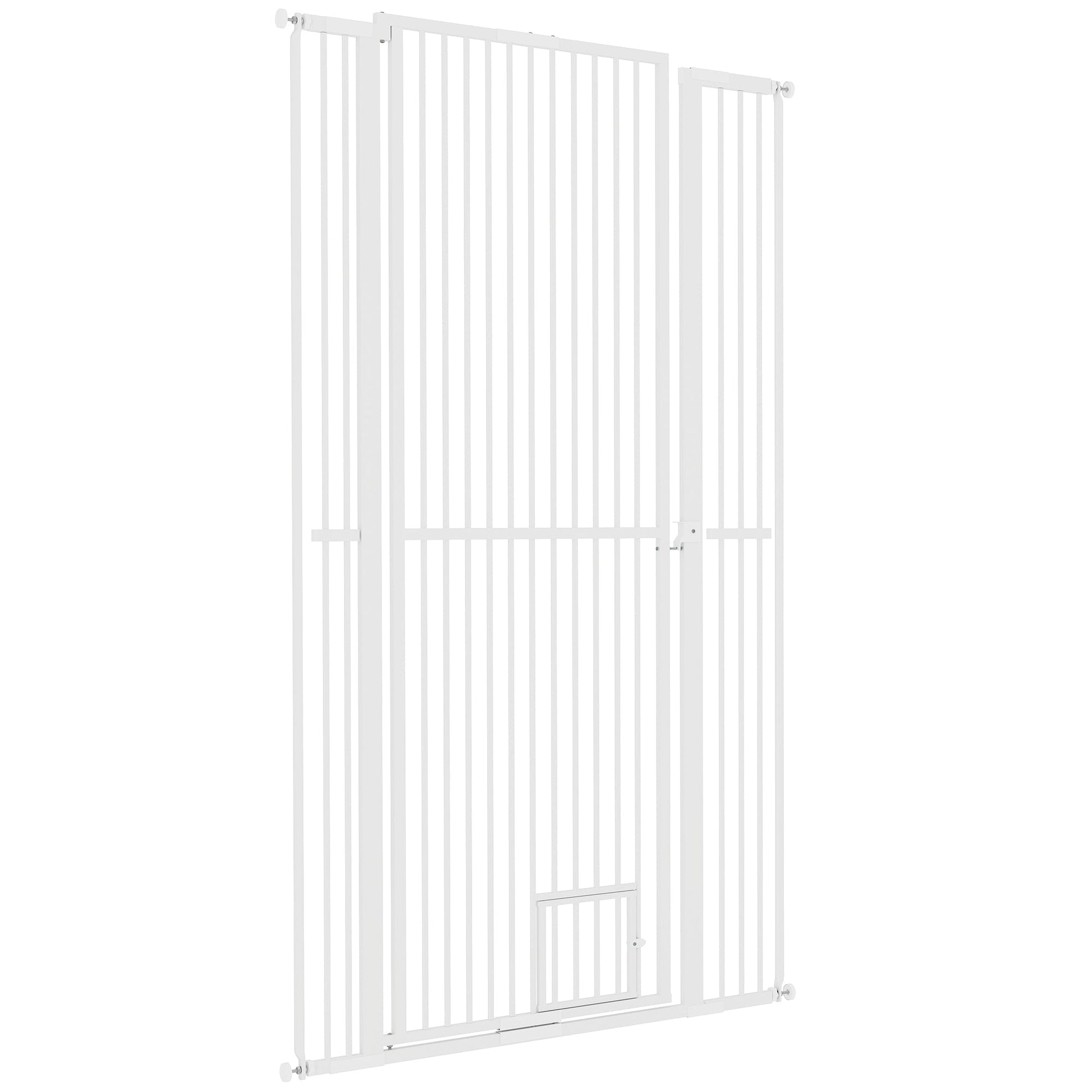 HKM-0006461 67" Extra Tall Pet Gate with Cat Door, 30"-41" Width, 1.4" Bar Spacing, Extensions Included, Durable Steel Construction
