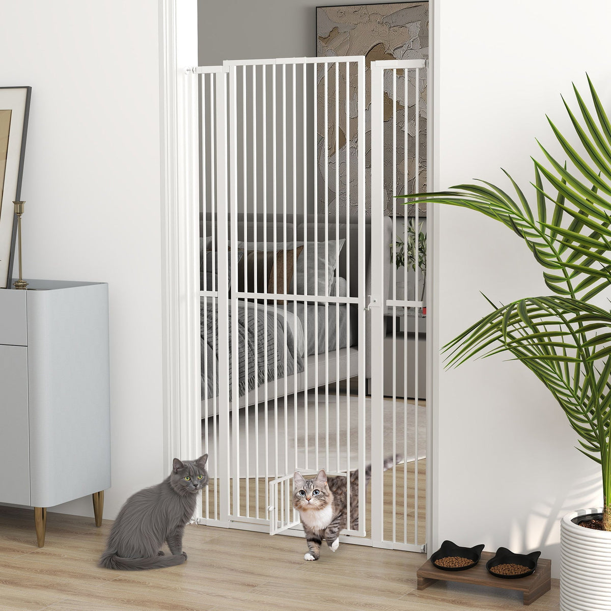 HKM-0006461 67" Extra Tall Pet Gate with Cat Door, 30"-41" Width, 1.4" Bar Spacing, Extensions Included, Durable Steel Construction