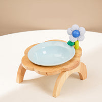 HKM-0006973 Flower Shaped Ceramic Cat Food Bowls with Wood Holder Stand Multi-Color 200ml