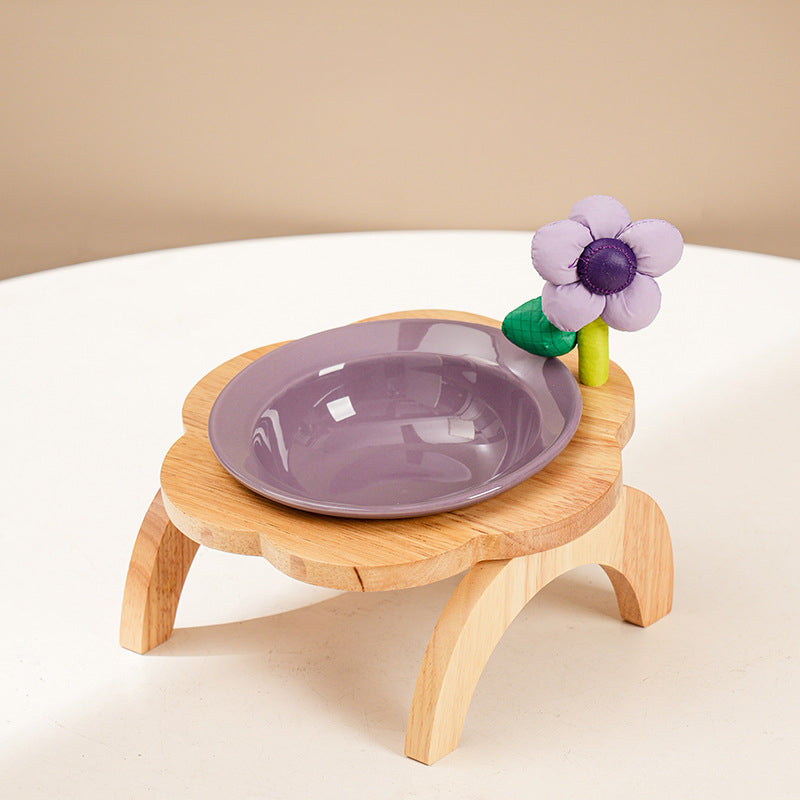 HKM-0006973 Flower Shaped Ceramic Cat Food Bowls with Wood Holder Stand Multi-Color 200ml