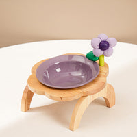HKM-0006973 Flower Shaped Ceramic Cat Food Bowls with Wood Holder Stand Multi-Color 200ml