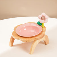 HKM-0006973 Flower Shaped Ceramic Cat Food Bowls with Wood Holder Stand Multi-Color 200ml