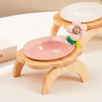 HKM-0006973 Flower Shaped Ceramic Cat Food Bowls with Wood Holder Stand Multi-Color 200ml