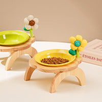 HKM-0006973 Flower Shaped Ceramic Cat Food Bowls with Wood Holder Stand Multi-Color 200ml