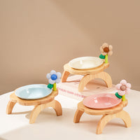 HKM-0006973 Flower Shaped Ceramic Cat Food Bowls with Wood Holder Stand Multi-Color 200ml