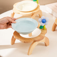 HKM-0006973 Flower Shaped Ceramic Cat Food Bowls with Wood Holder Stand Multi-Color 200ml