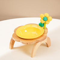 HKM-0006973 Flower Shaped Ceramic Cat Food Bowls with Wood Holder Stand Multi-Color 200ml