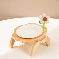 HKM-0006973 Flower Shaped Ceramic Cat Food Bowls with Wood Holder Stand Multi-Color 200ml