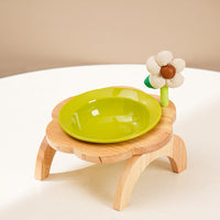 HKM-0006973 Flower Shaped Ceramic Cat Food Bowls with Wood Holder Stand Multi-Color 200ml