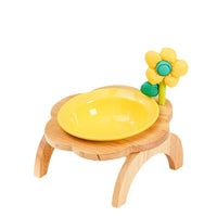 HKM-0006973 Flower Shaped Ceramic Cat Food Bowls with Wood Holder Stand Multi-Color 200ml
