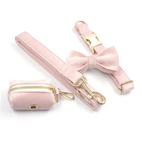HKM-0010557 Pink Velvet Dog Collar and Leash Set with Bow Knot and Garbage Bag Holder