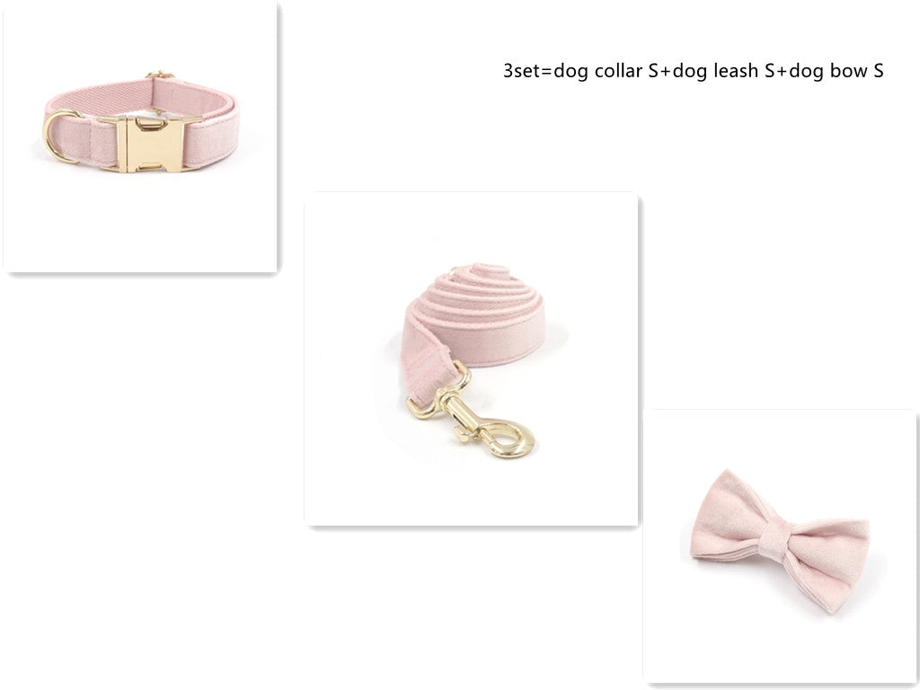 HKM-0010557 Pink Velvet Dog Collar and Leash Set with Bow Knot and Garbage Bag Holder