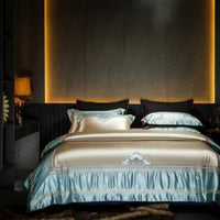 HKM-001107 Silk Cotton Embroidery Four-Piece Bed Set in Solid and Geometric Patterns
