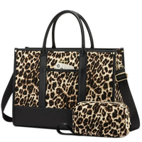 HKM-0011859 laptop tote bag in leopard print with black leather trim and matching pouch