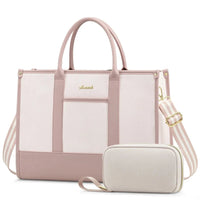 HKM-0011859 laptop tote bag in light pink with striped shoulder strap and matching pouch