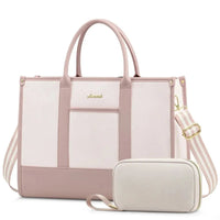 HKM-0011859 water-resistant laptop tote bag in pink leather trim with cream canvas body and matching pouch