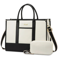 HKM-0011859 laptop tote bag in white linen with black leather trim and matching pouch
