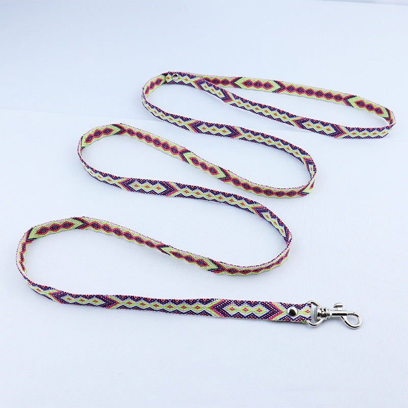 HKM-0012733 Ethnic Style Woven Dog Collar with 120cm Traction Rope - Durable Polyester Material