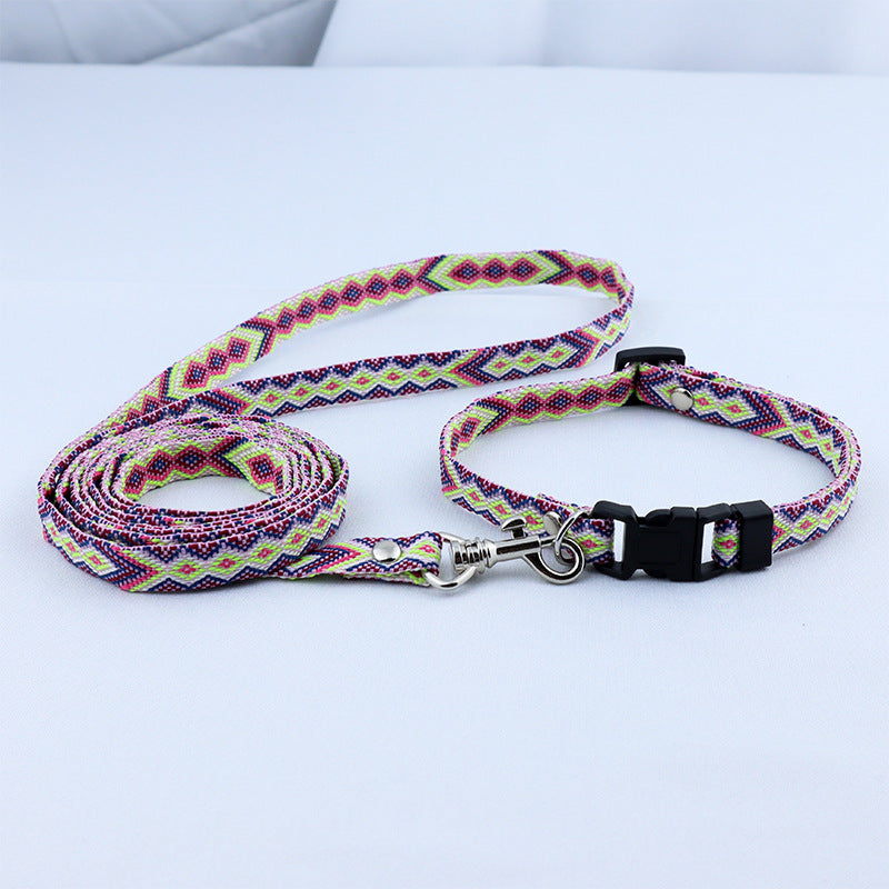 HKM-0012733 Ethnic Style Woven Dog Collar with 120cm Traction Rope - Durable Polyester Material