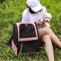 HKM-0012989 Stylish Personalized Pet Backpack with Mesh Pocket in Black, Pink, and Brown