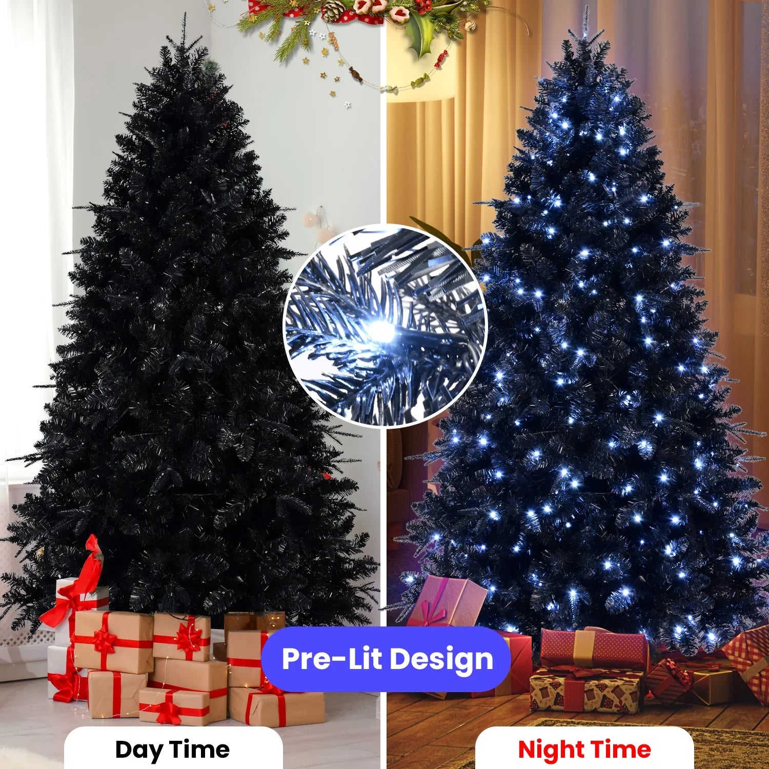 HKM-001555 8ft Blue Christmas Tree with LED Lights and Lamp, Indoor/Outdoor Pine Design