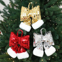 HKM-001555 Elegant Mirror Bow Christmas Tree Decoration in Gold, Silver, and Red Paillettes