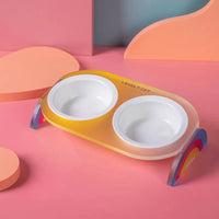 HKM-0016701 Ceramic Double and Single Cat Bowls with High Legs in Rainbow Colors