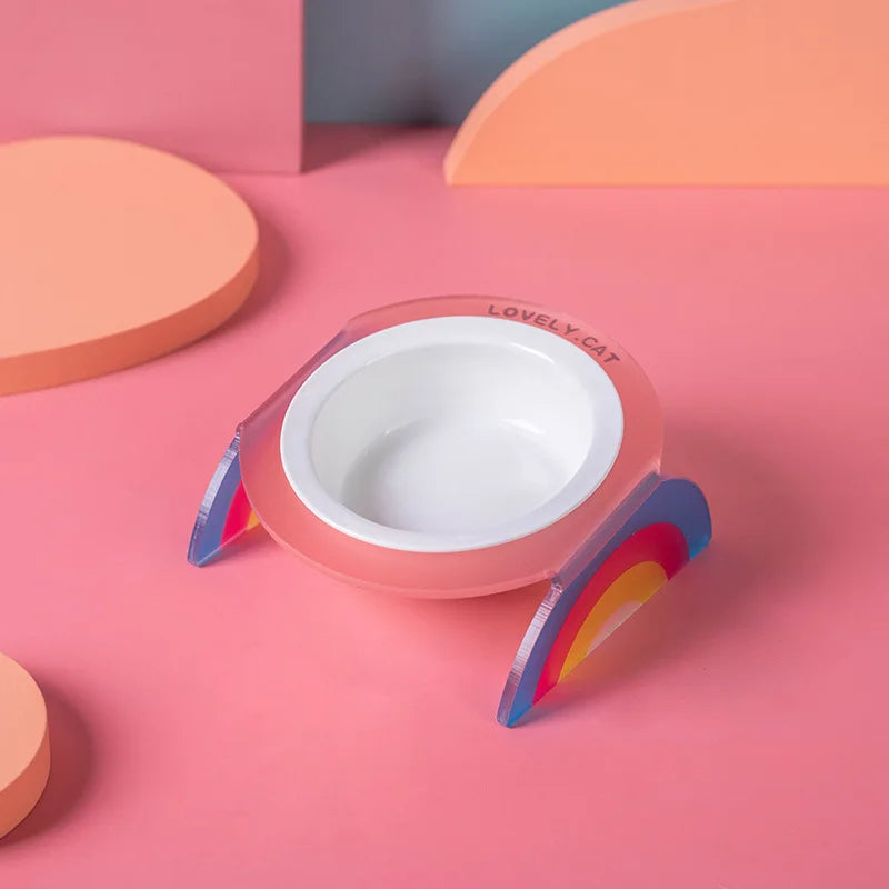 HKM-0016701 Ceramic Double and Single Cat Bowls with High Legs in Rainbow Colors