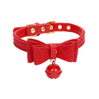 HKM-0018493 Gold Double Layer Bowknot Hanging Bell Pet Collar, Comfortable Suede and PU Material, Adjustable Neck Sizes